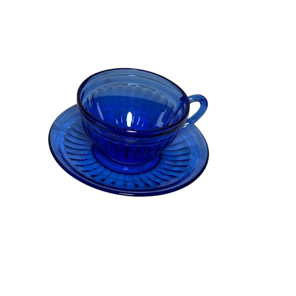 Vintage Cobalt Blue Glass Tea Set Mid Century Pressed Glass Teacups Saucers Bowl - Picture 2 of 8